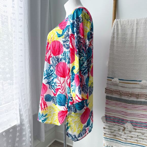 J Jason Wu White Sea Life Seashells Corals Printed Summer Tunic Top Women’s XL - Picture 3 of 8